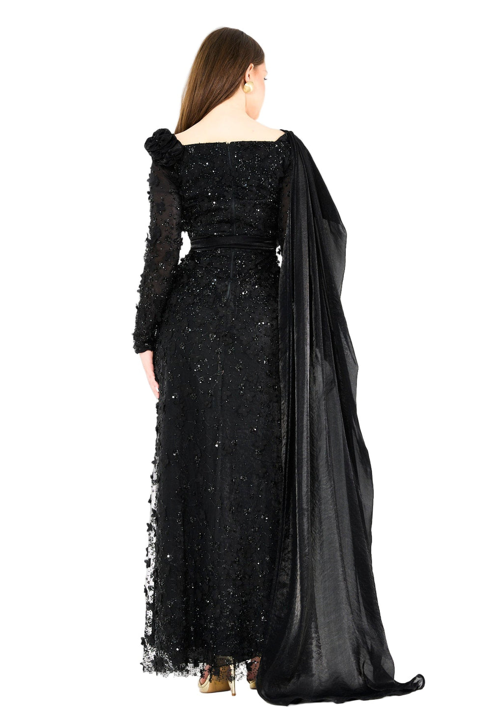 Floral 3D Embellished Gown with Draped Cascading Cape