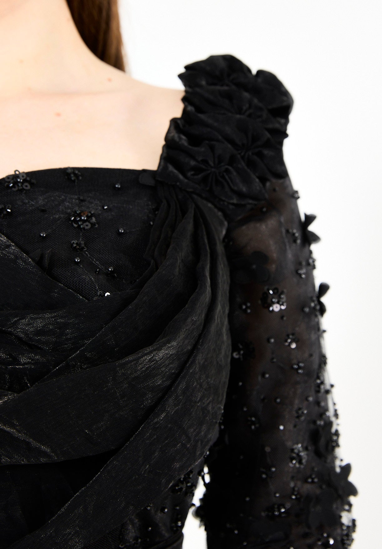 Floral 3D Embellished Gown with Draped Cascading Cape