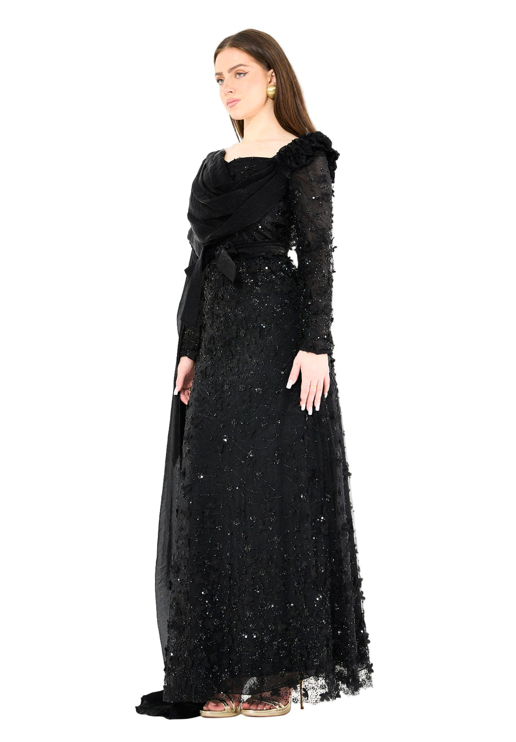 Floral 3D Embellished Gown with Draped Cascading Cape