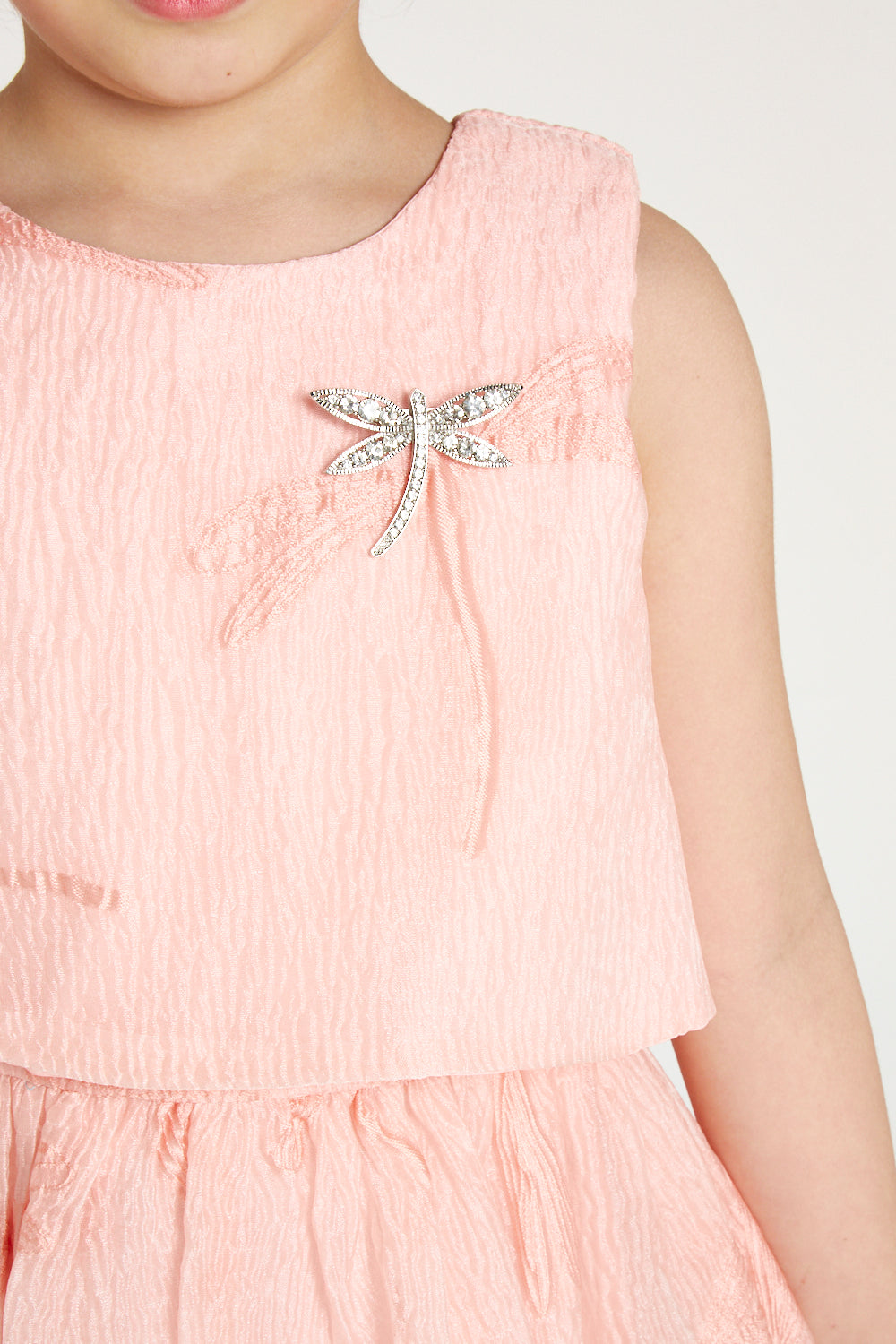 Crystal Brooch Accent Ruffle Hem Dress