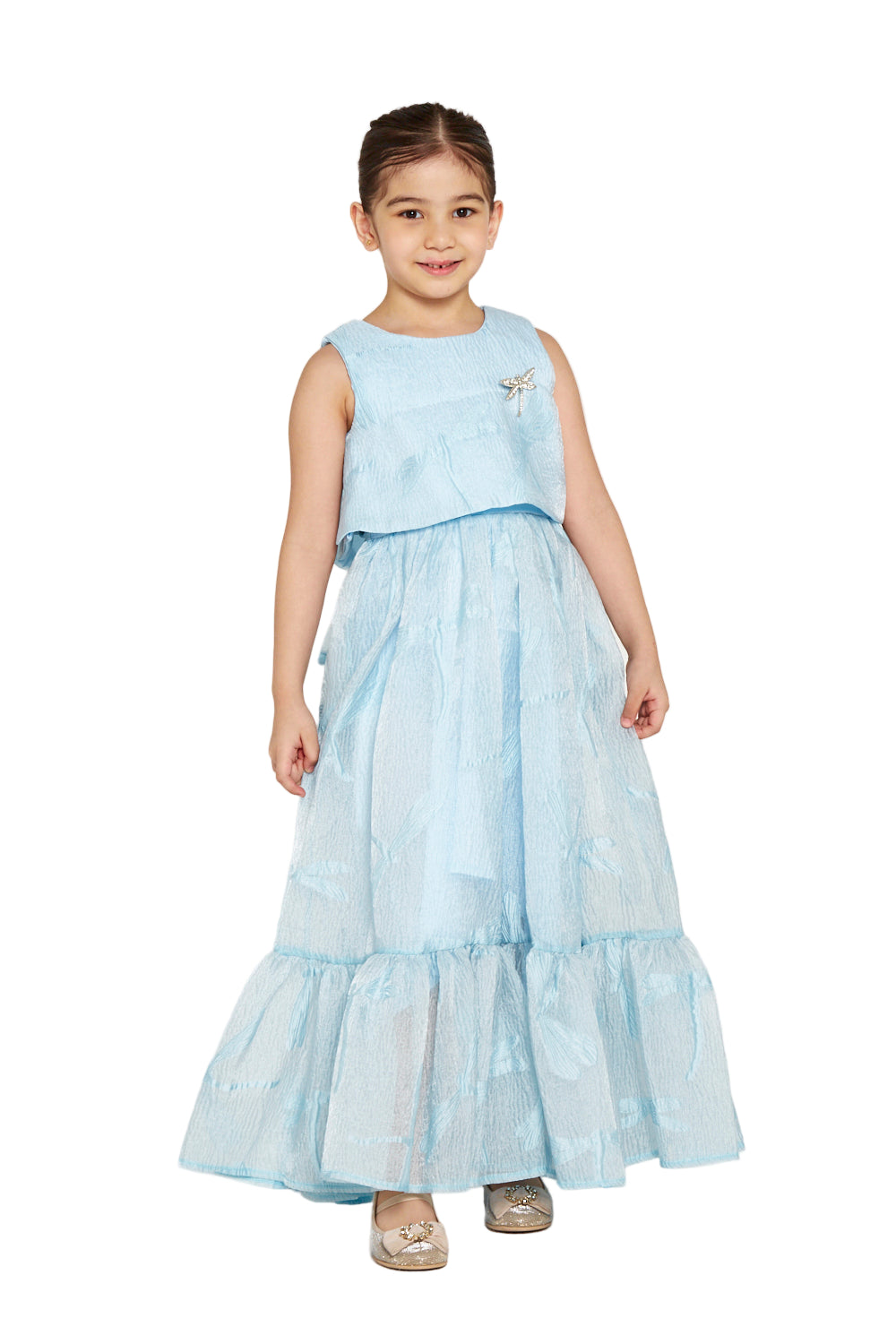 Crystal Brooch Accent Ruffle Hem Dress