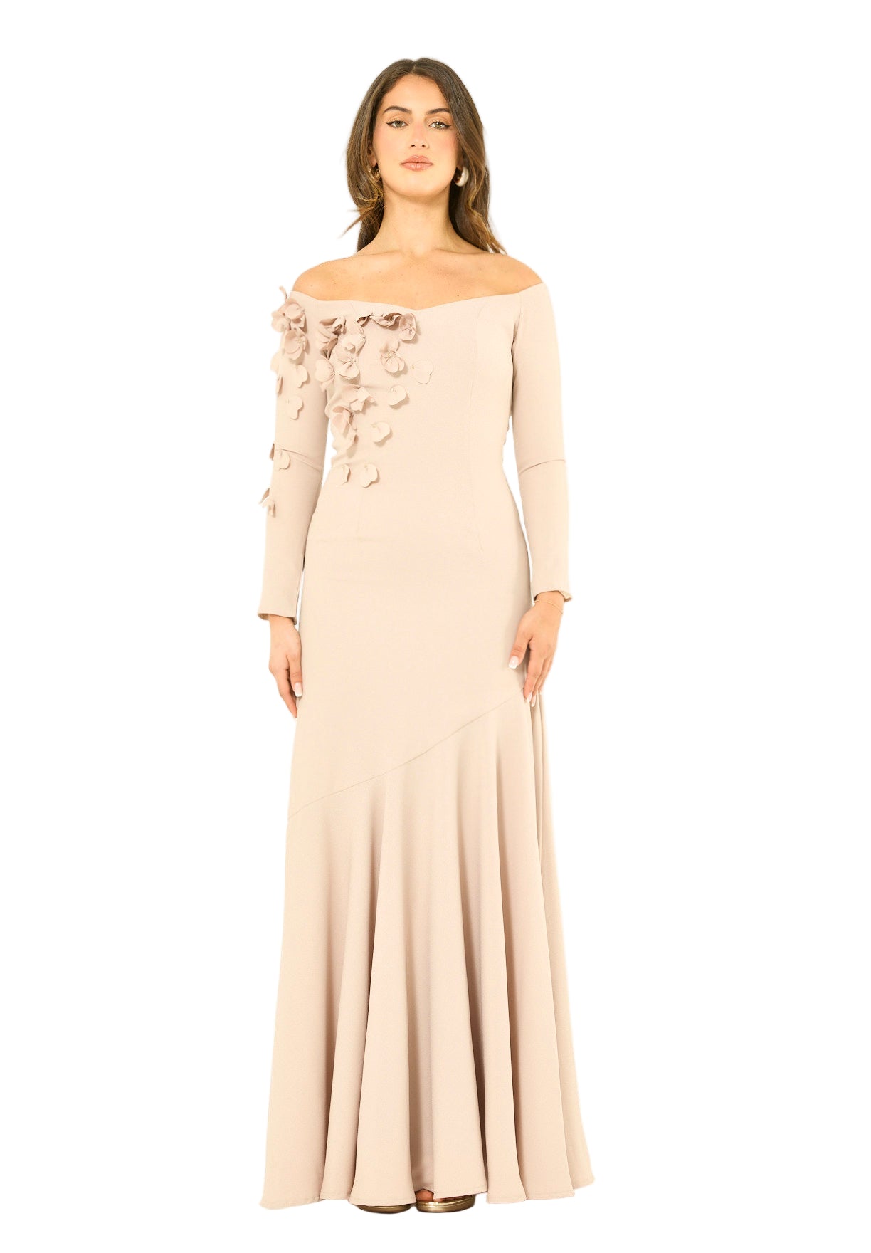 Elegant 3D Petal Adorned Off-Shoulder Gown