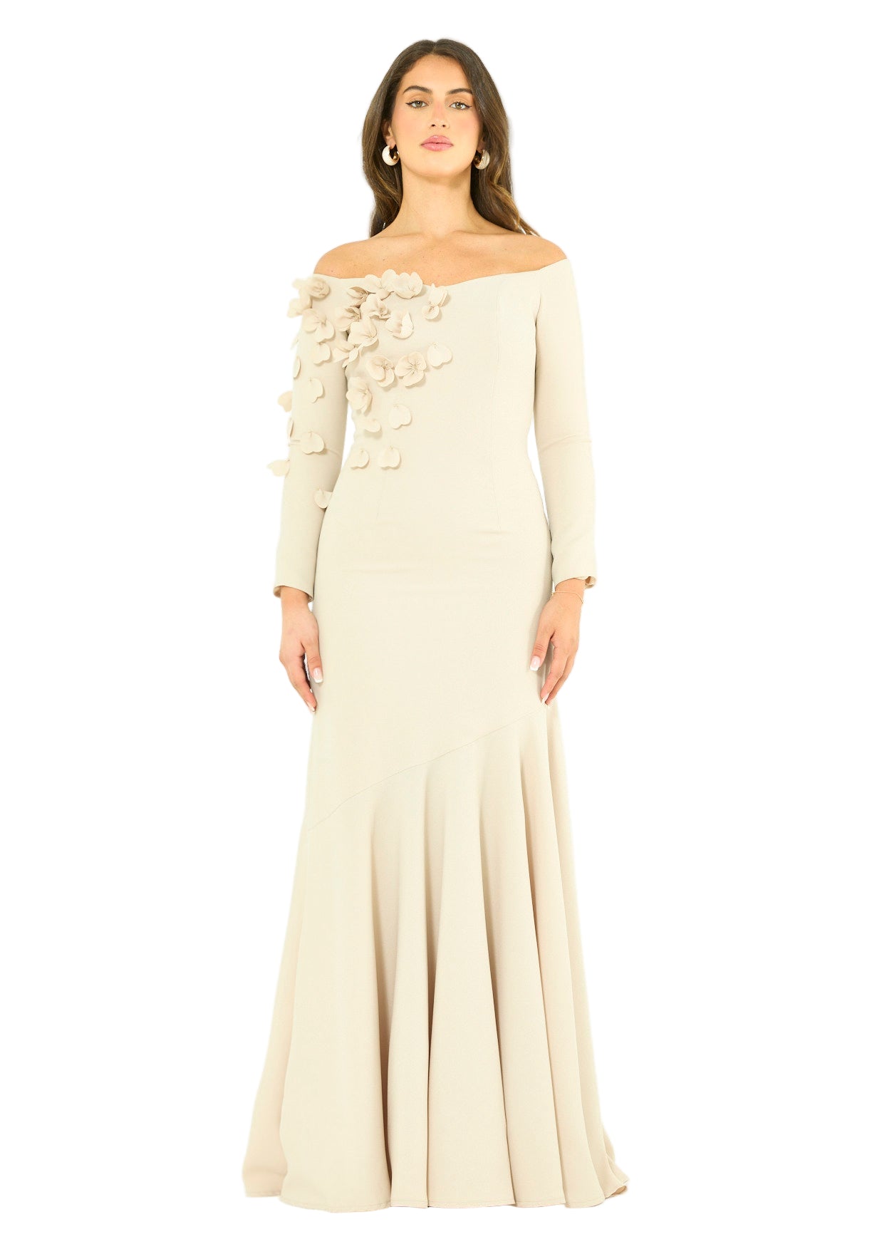 Elegant 3D Petal Adorned Off-Shoulder Gown