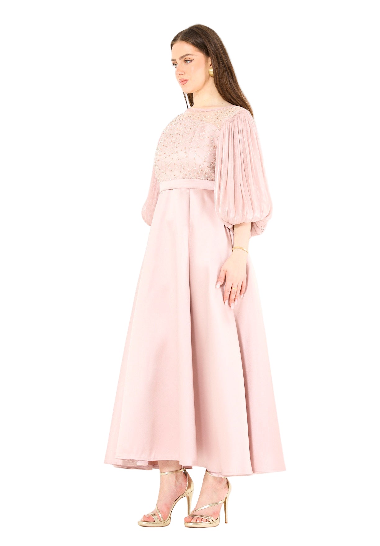 Embellished Satin Midi Dress with Pleated Organza Sleeves