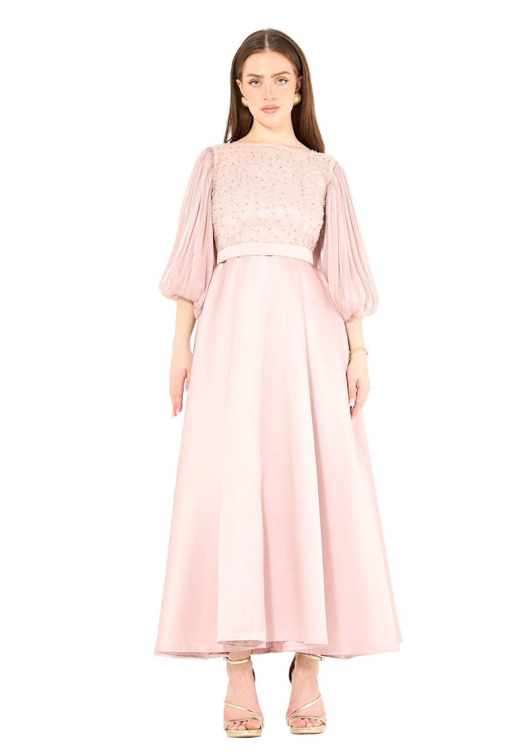 Embellished Satin Midi Dress with Pleated Organza Sleeves