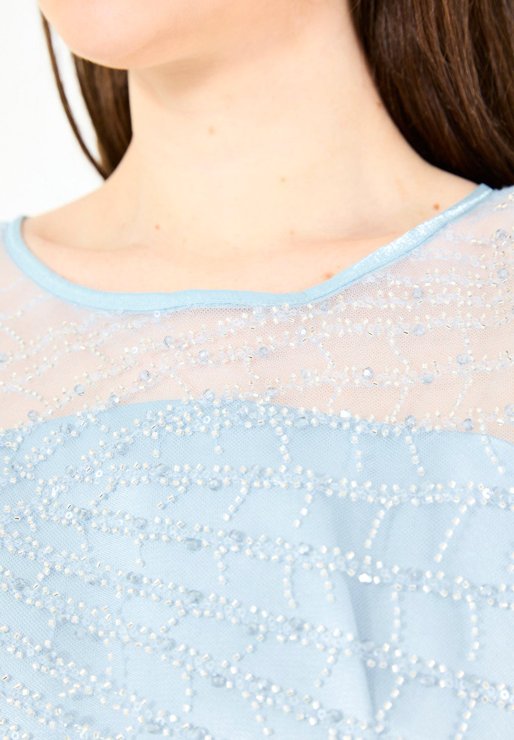 Embellished Satin Midi Dress with Pleated Organza Sleeves