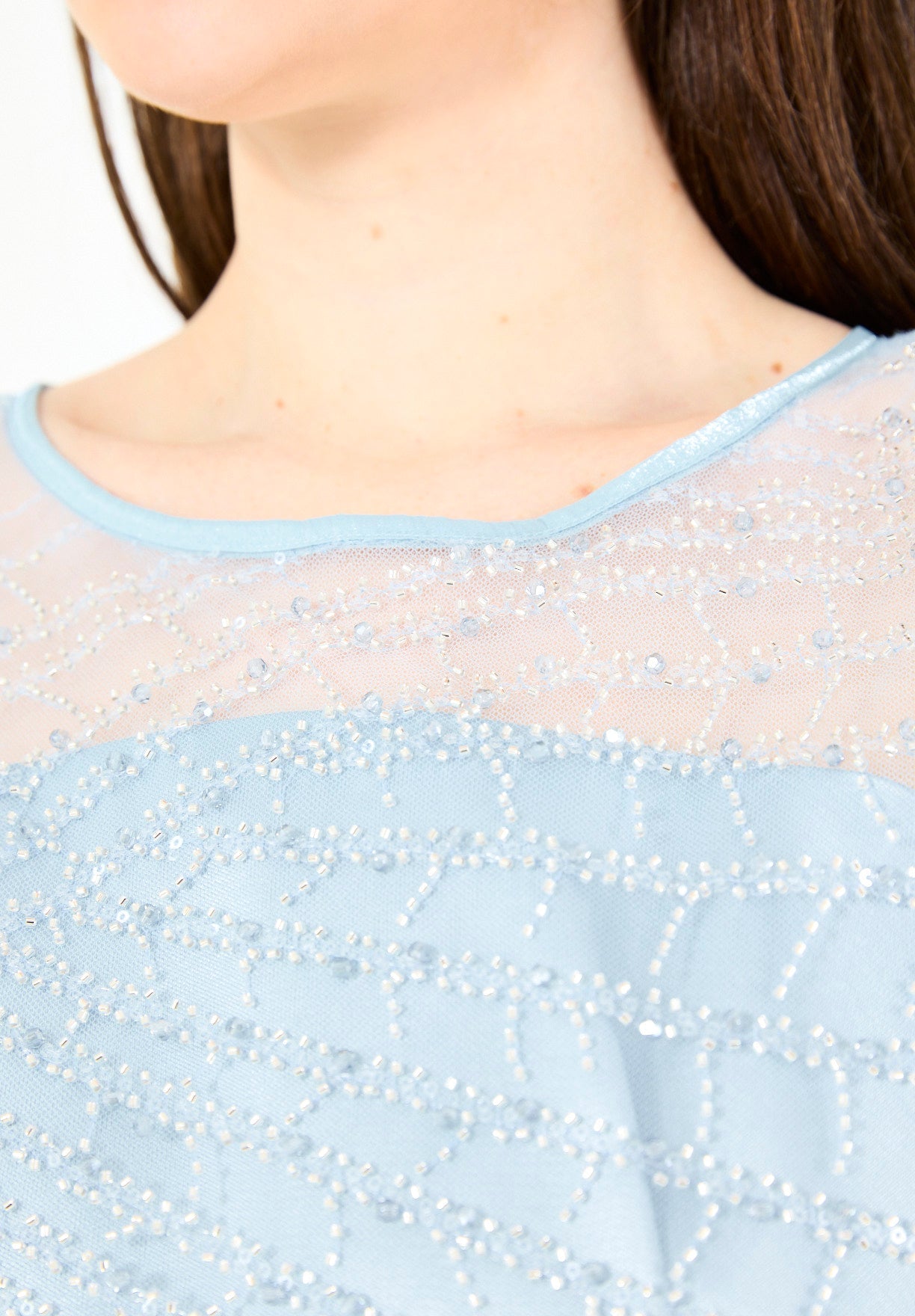 Embellished Satin Midi Dress with Pleated Organza Sleeves