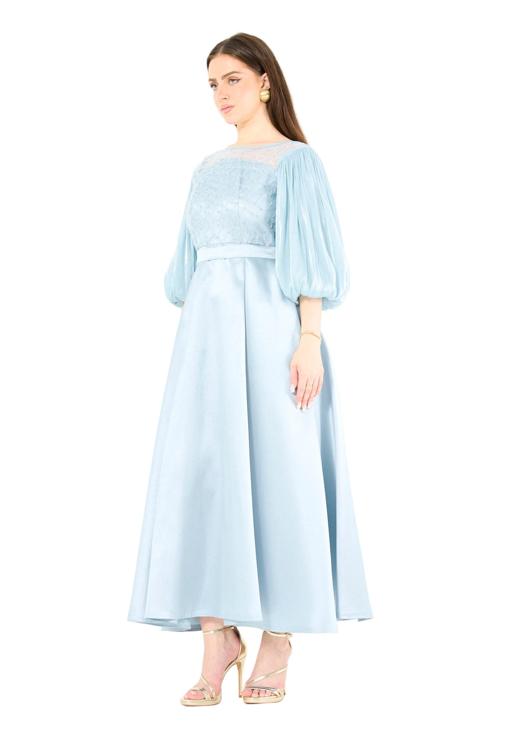 Embellished Satin Midi Dress with Pleated Organza Sleeves