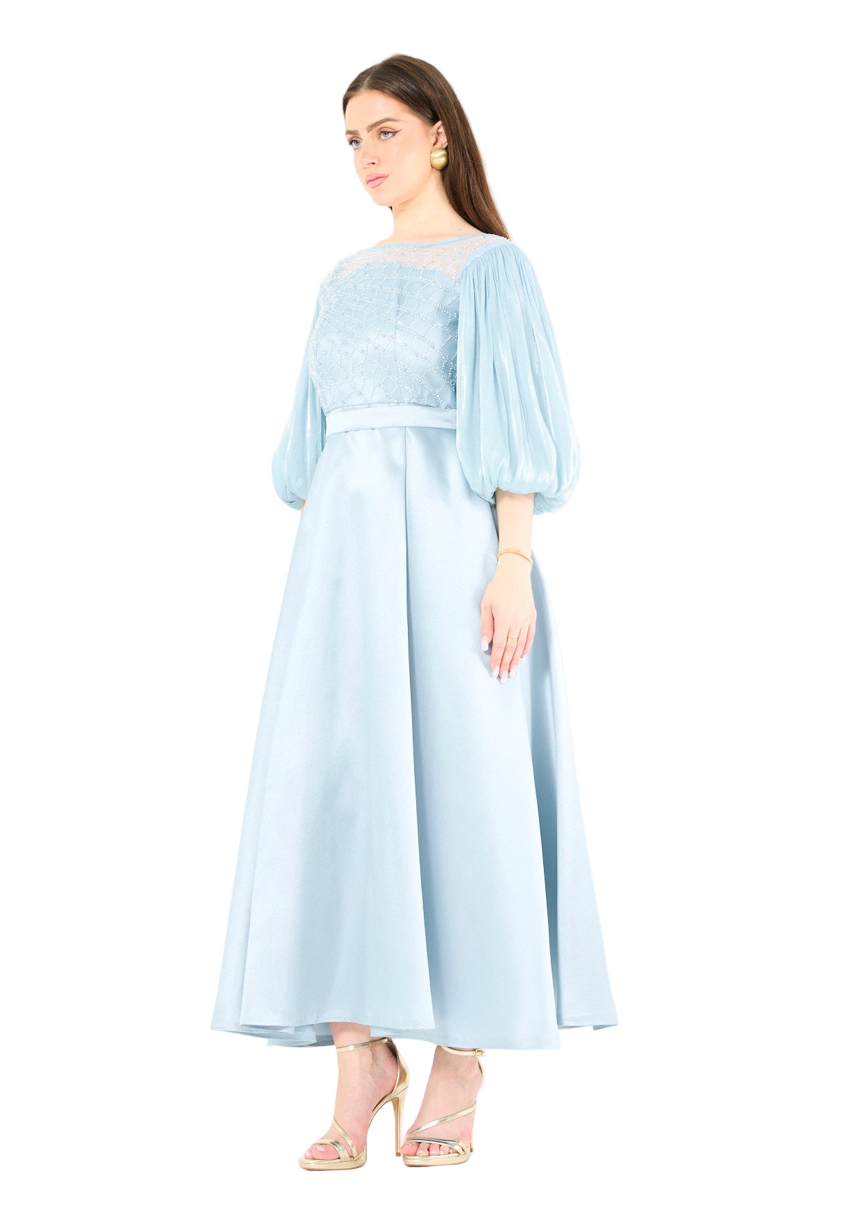 Embellished Satin Midi Dress with Pleated Organza Sleeves