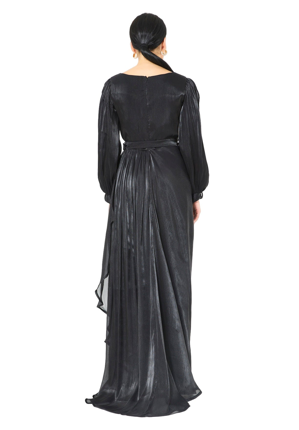 Glossy Fuild Drape Gown with Belted Waist and Floral Accent
