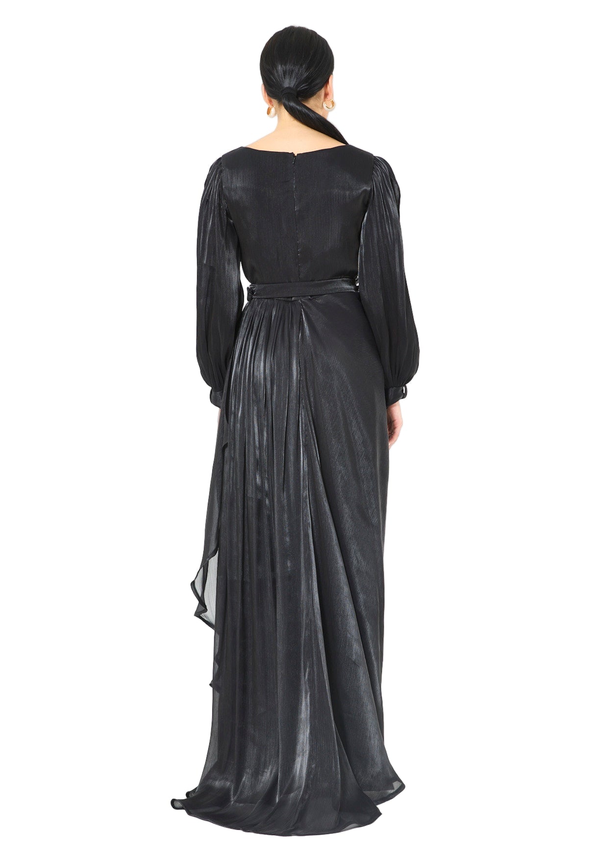 Glossy Fuild Drape Gown with Belted Waist and Floral Accent