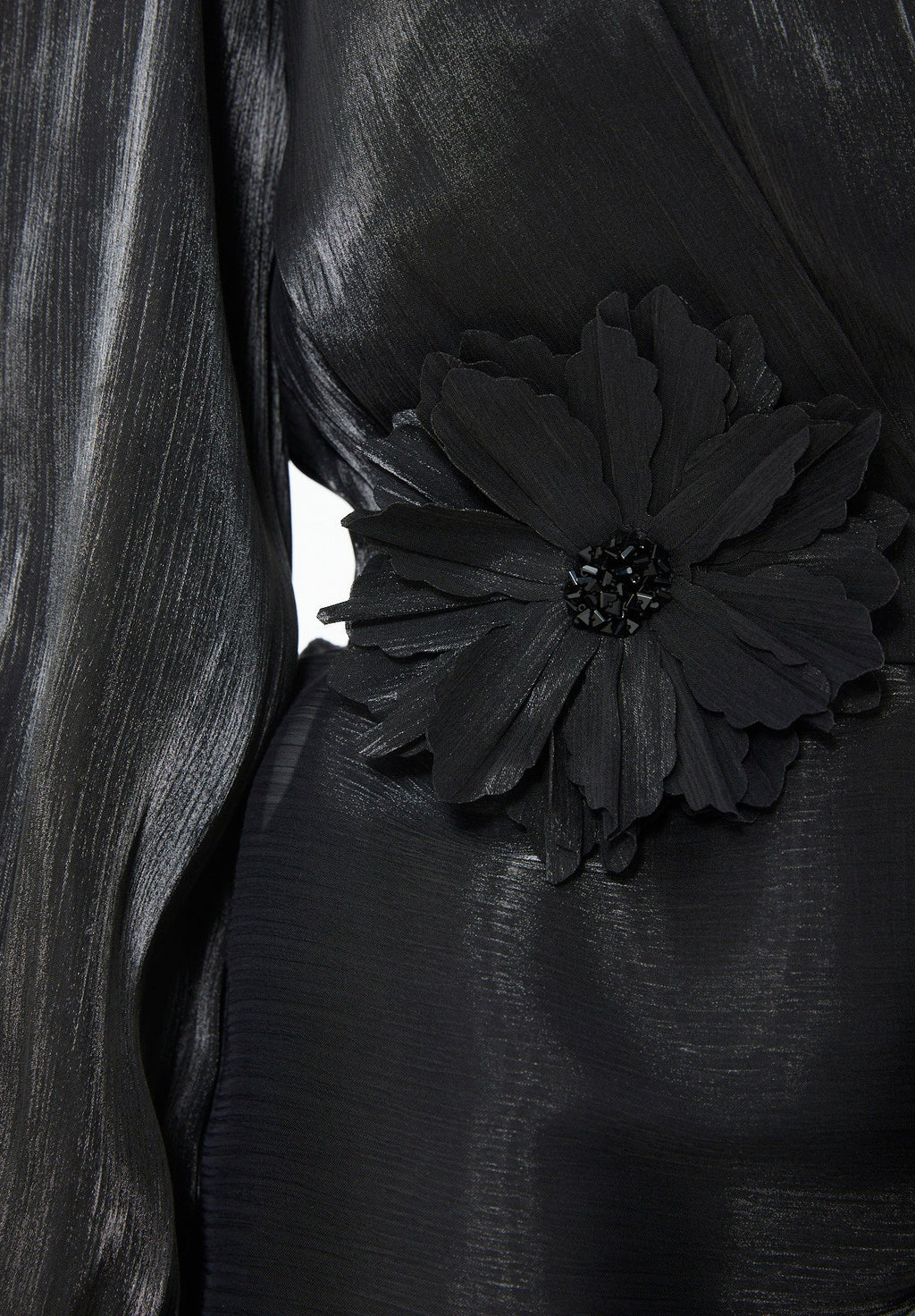 Glossy Fuild Drape Gown with Belted Waist and Floral Accent