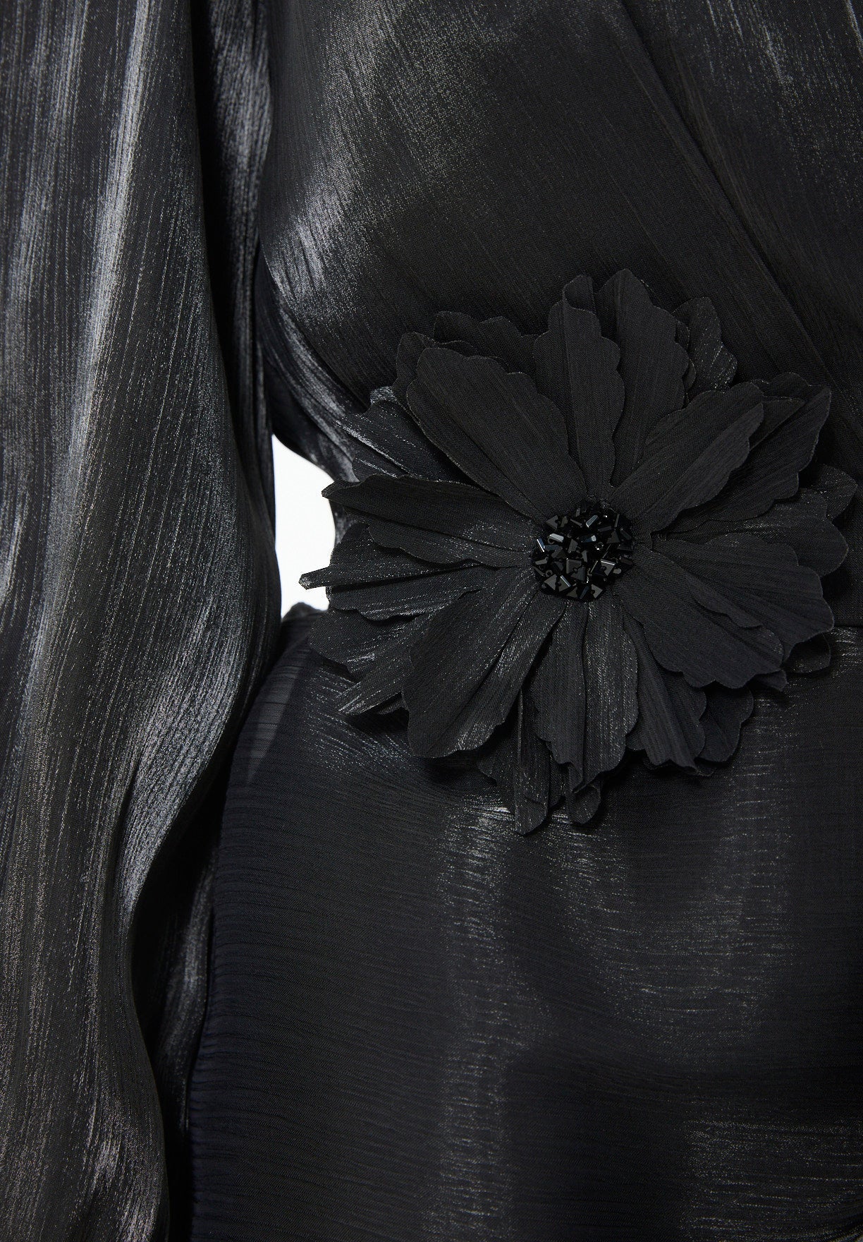 Glossy Fuild Drape Gown with Belted Waist and Floral Accent