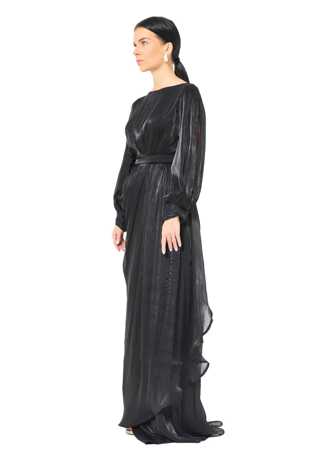 Glossy Fuild Drape Gown with Belted Waist and Floral Accent