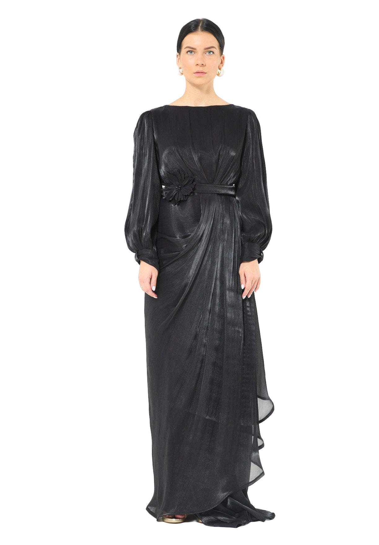 Glossy Fuild Drape Gown with Belted Waist and Floral Accent