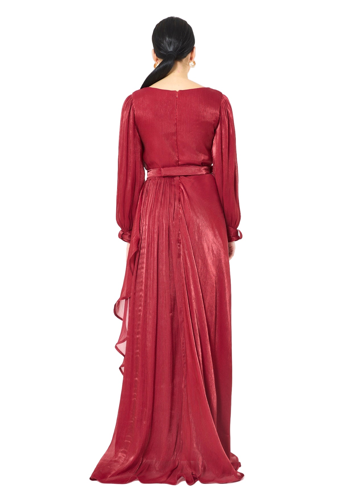 Glossy Fuild Drape Gown with Belted Waist and Floral Accent
