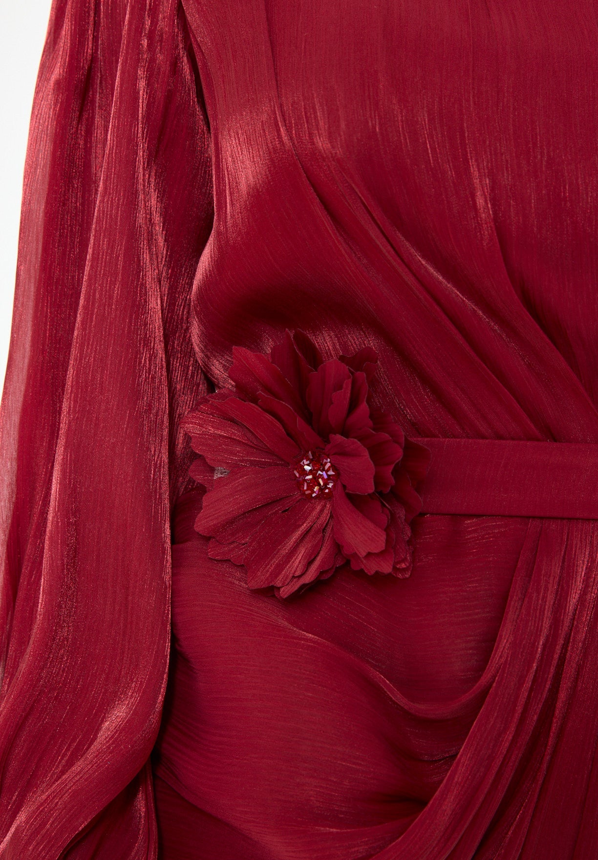 Glossy Fuild Drape Gown with Belted Waist and Floral Accent