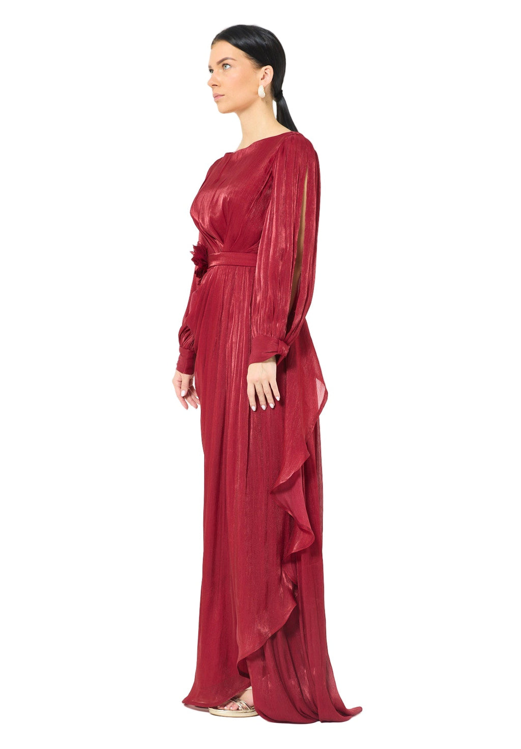 Glossy Fuild Drape Gown with Belted Waist and Floral Accent