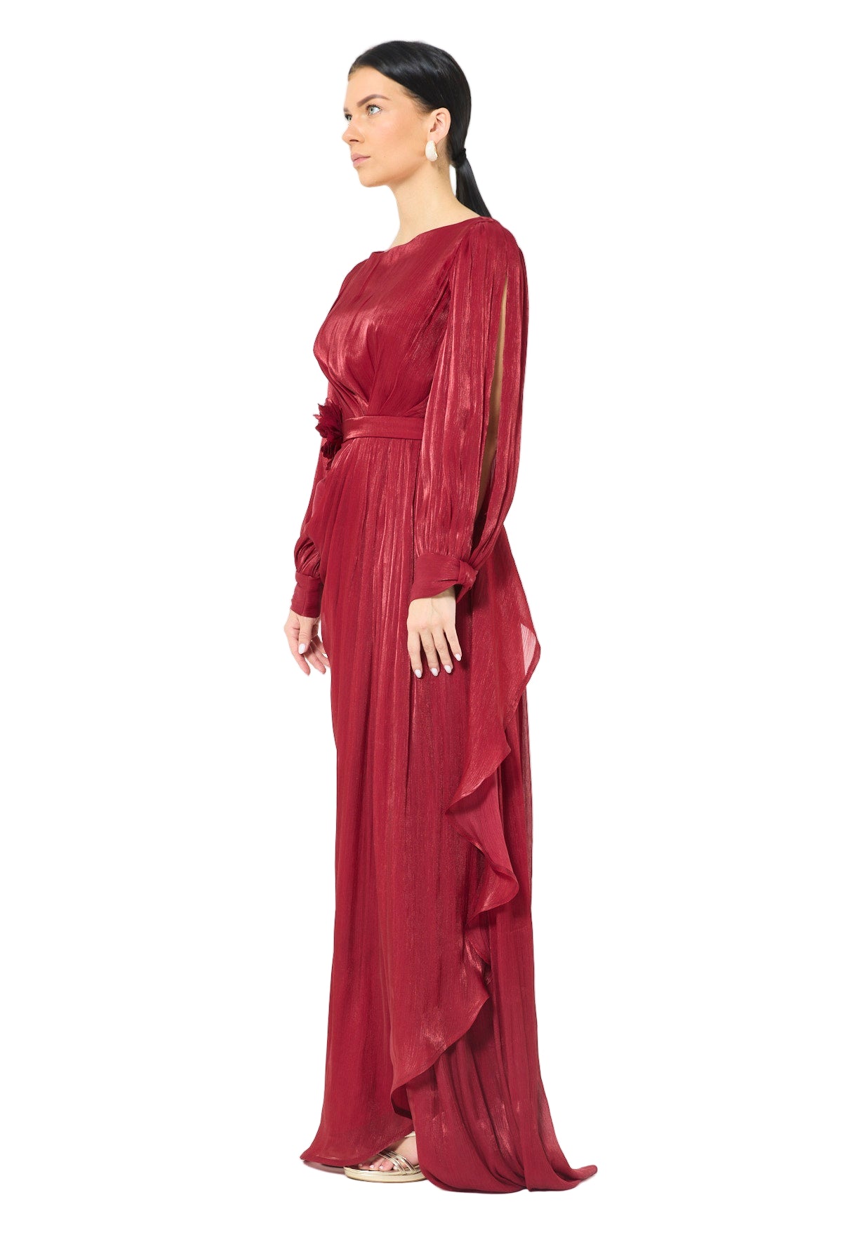 Glossy Fuild Drape Gown with Belted Waist and Floral Accent