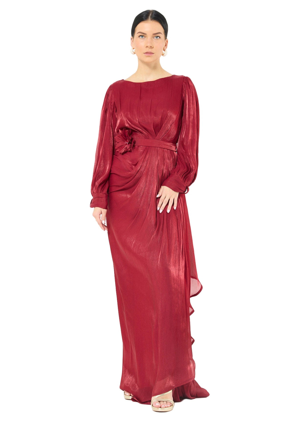 Glossy Fuild Drape Gown with Belted Waist and Floral Accent