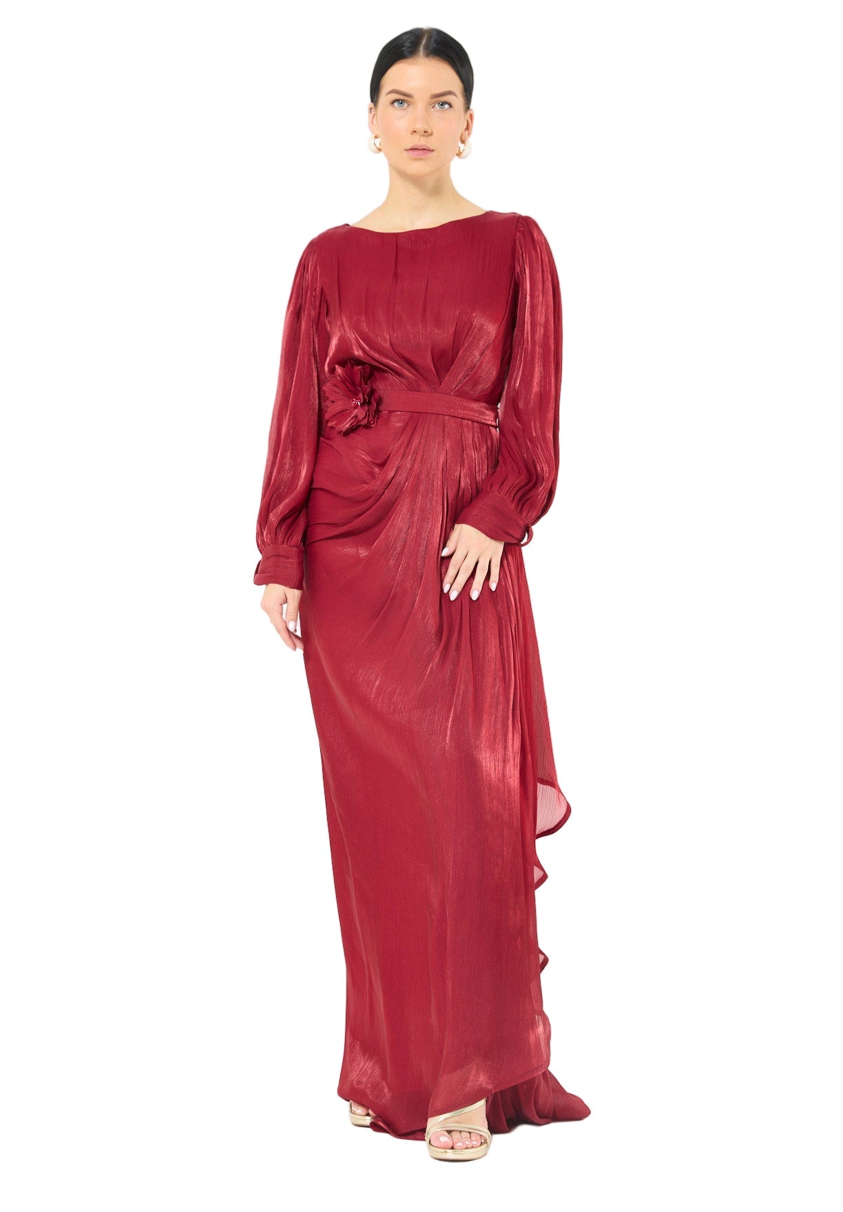 Glossy Fuild Drape Gown with Belted Waist and Floral Accent
