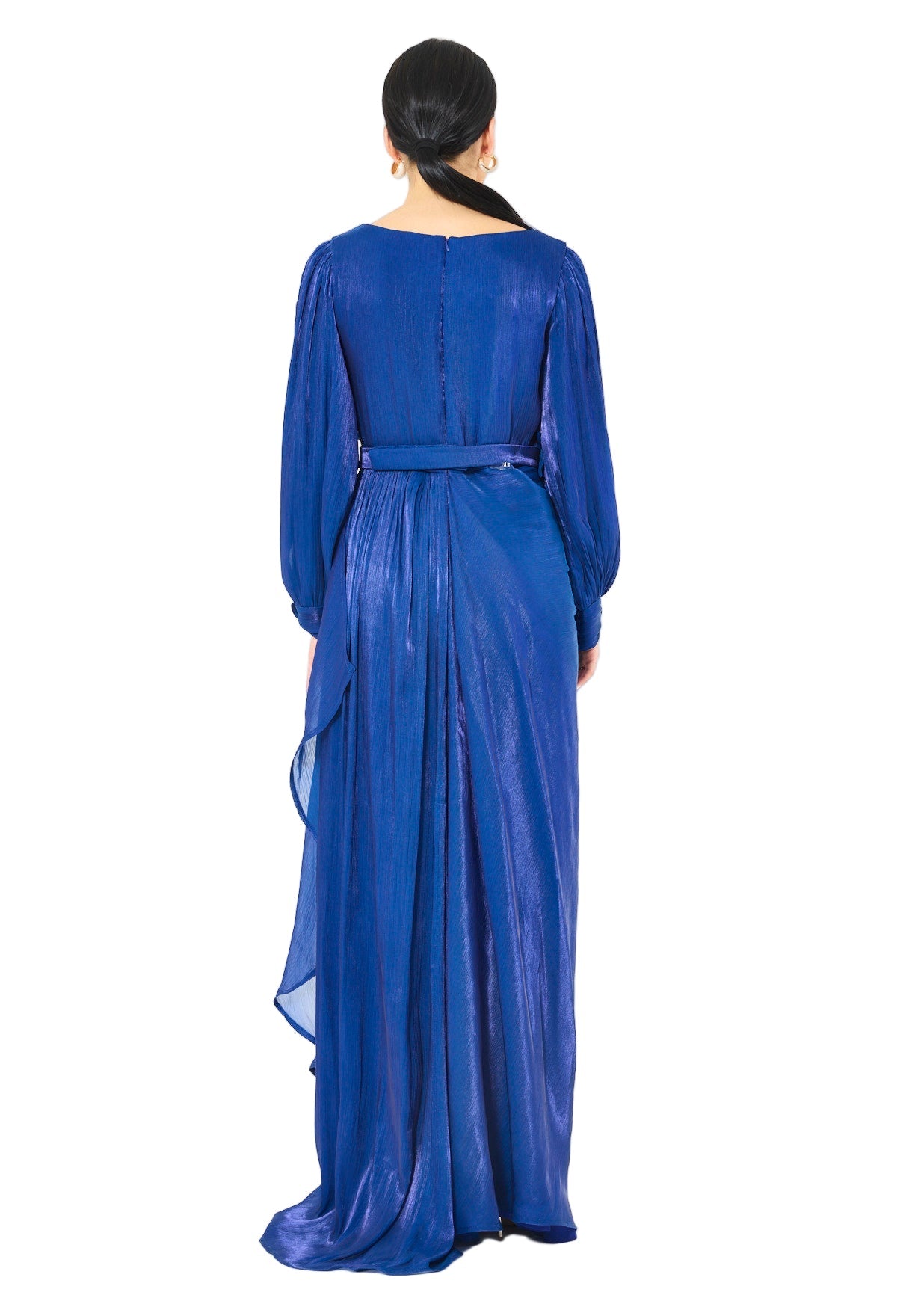 Glossy Fuild Drape Gown with Belted Waist and Floral Accent