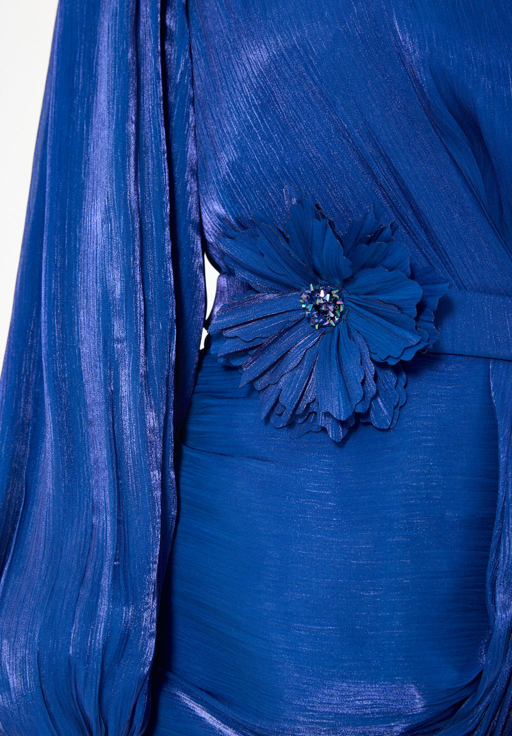 Glossy Fuild Drape Gown with Belted Waist and Floral Accent