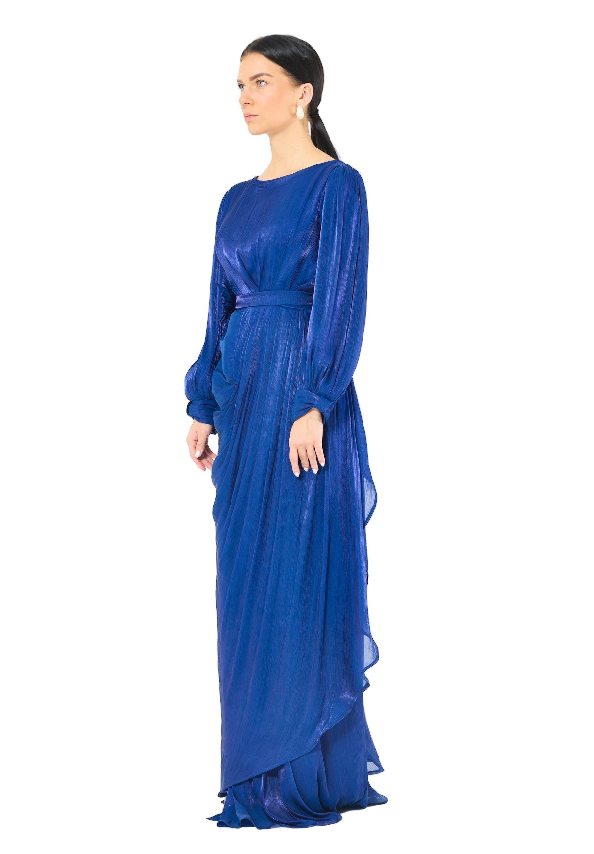 Glossy Fuild Drape Gown with Belted Waist and Floral Accent