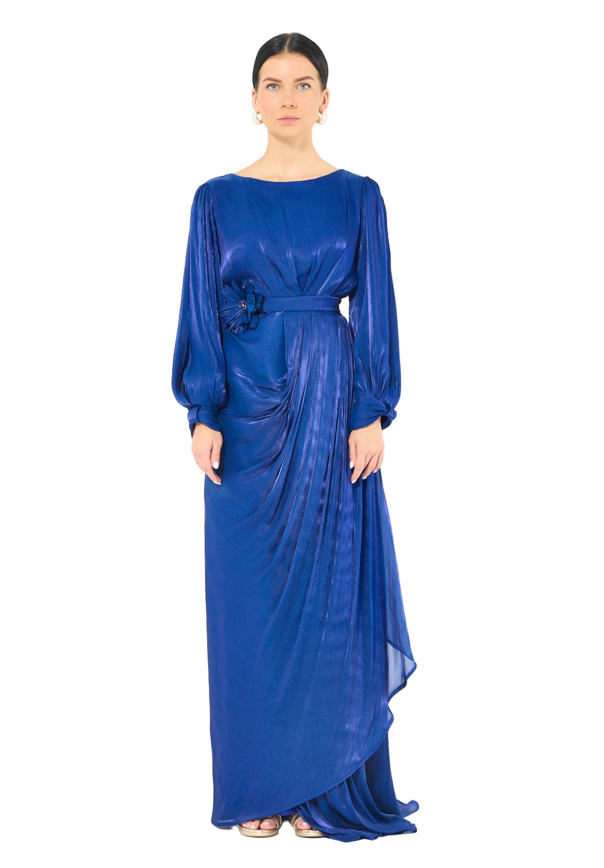 Glossy Fuild Drape Gown with Belted Waist and Floral Accent