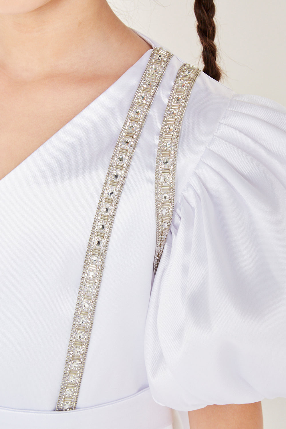 Crystal Trim Maxi Dress with Puff Sleeves