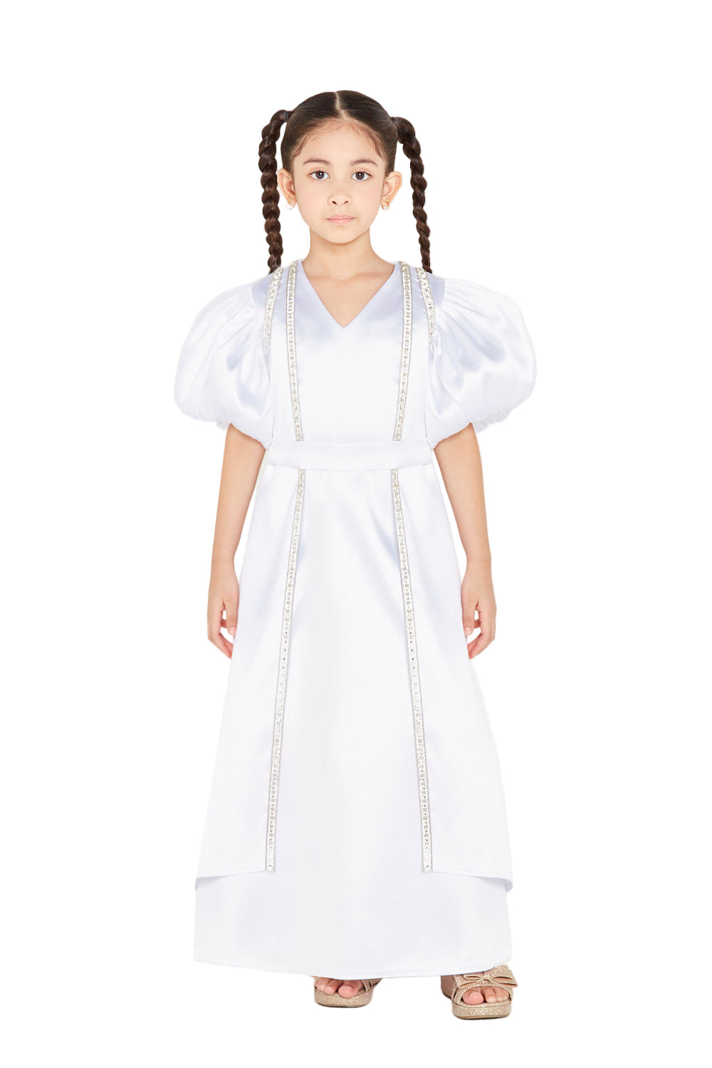 Crystal Trim Maxi Dress with Puff Sleeves