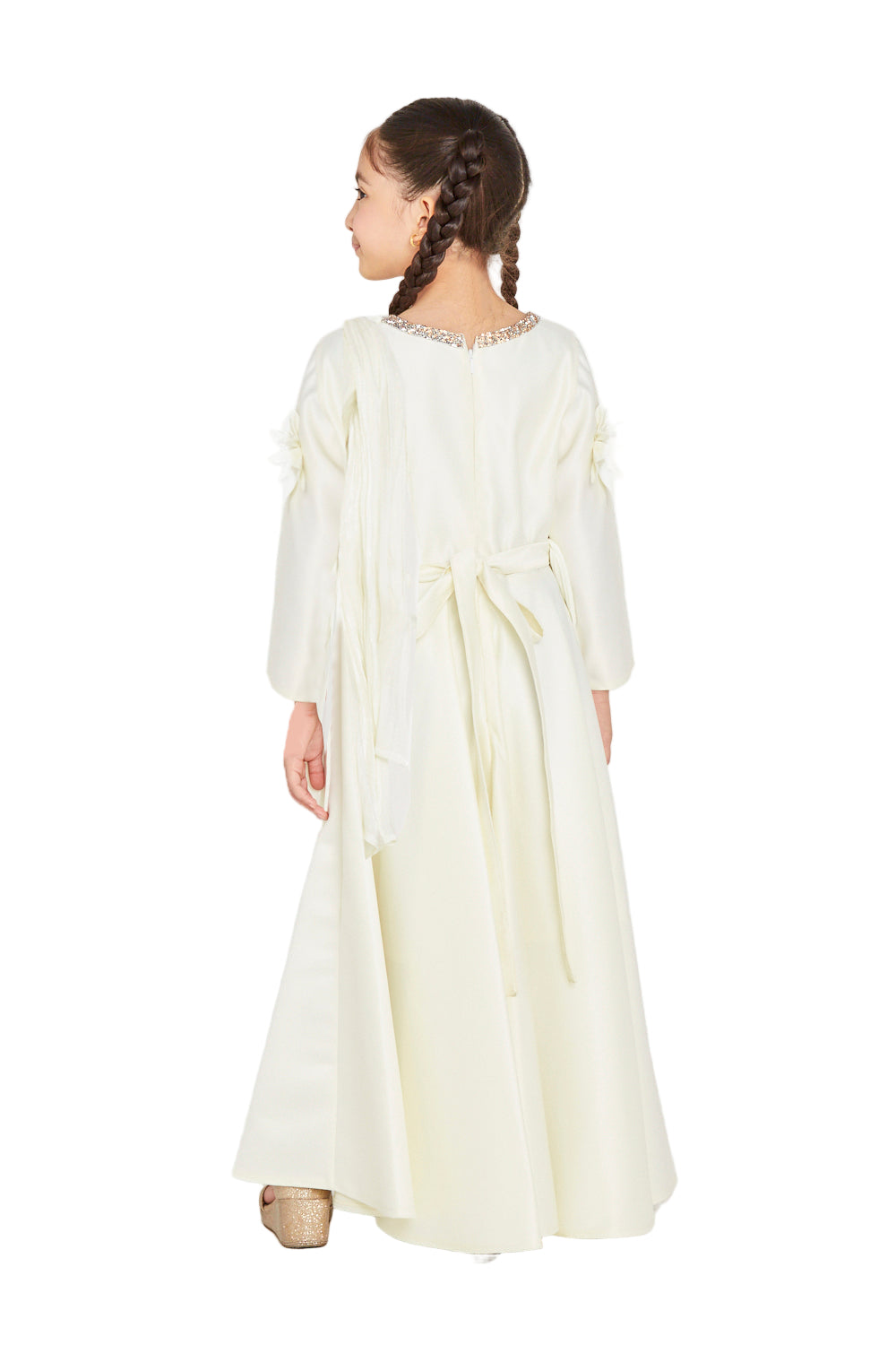 3D Floral Appliqué Sleeve Gown with Crystal Neckline