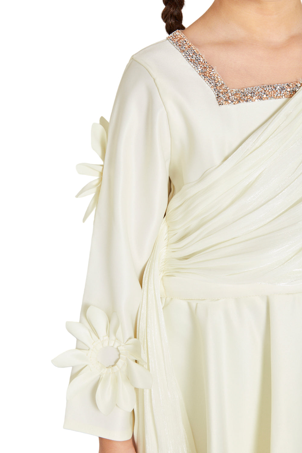 3D Floral Appliqué Sleeve Gown with Crystal Neckline