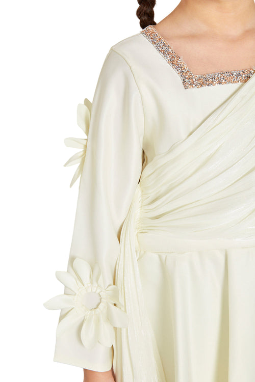 3D Floral Appliqué Sleeve Gown with Crystal Neckline