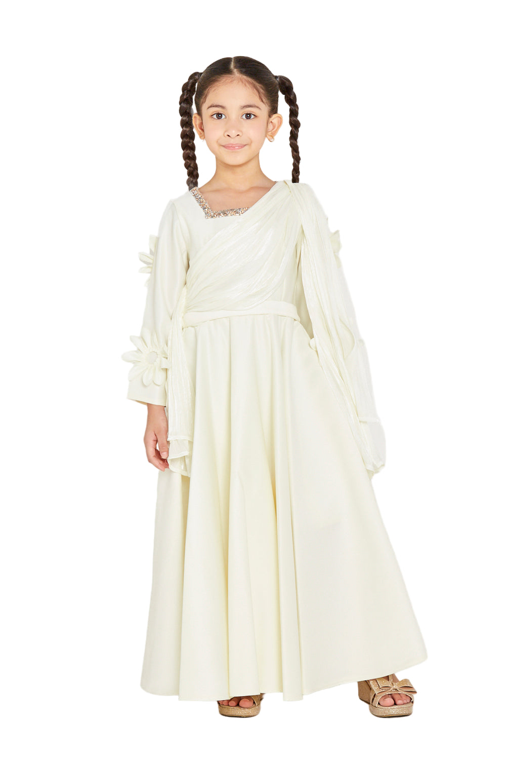 3D Floral Appliqué Sleeve Gown with Crystal Neckline