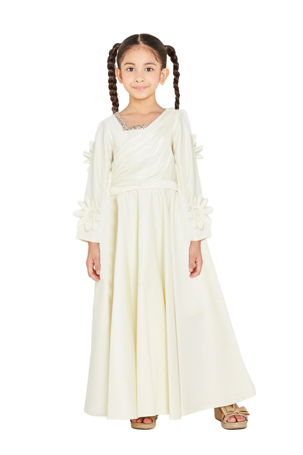 3D Floral Appliqué Sleeve Gown with Crystal Neckline