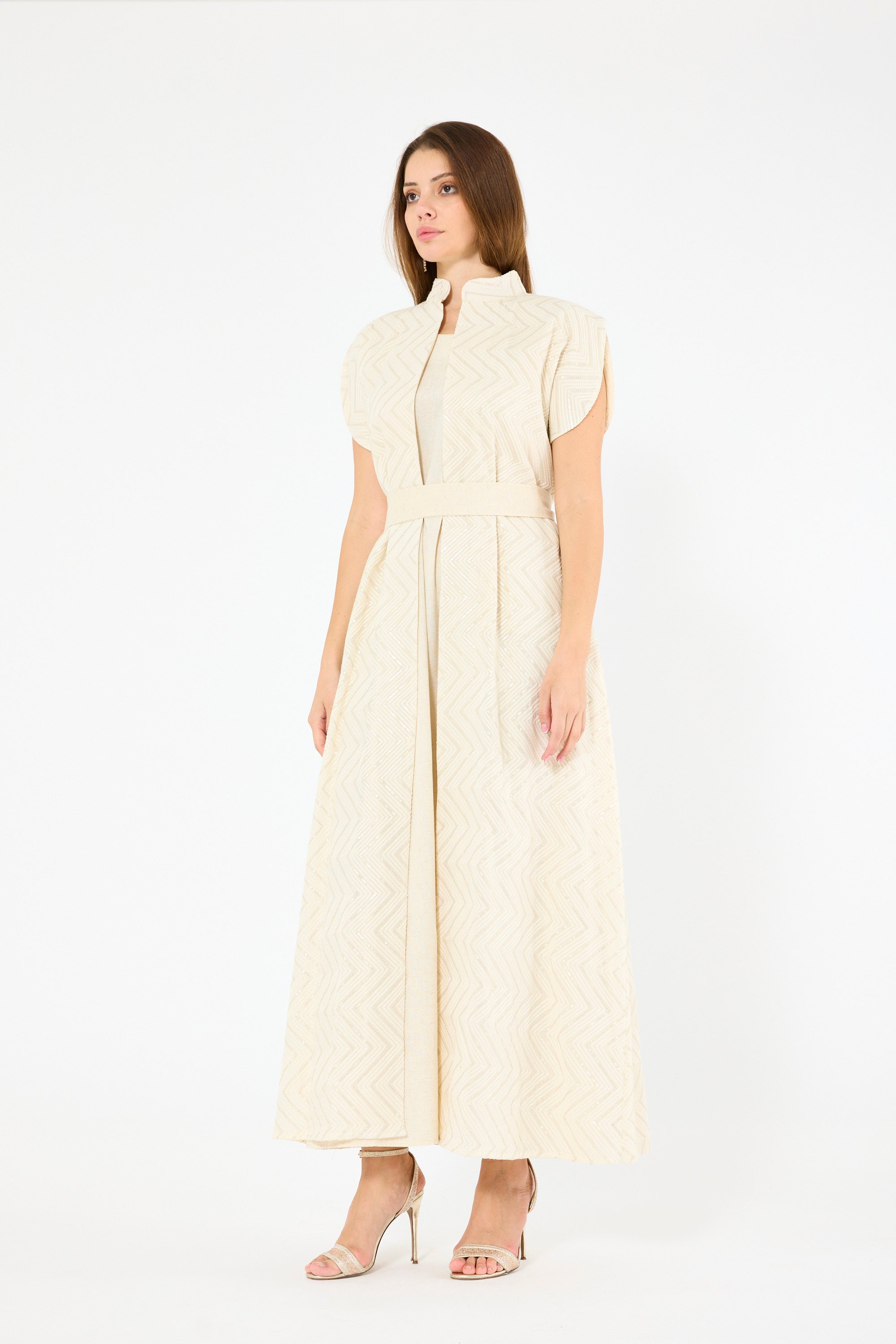 Herringbone Pattern Open-Front Bisht & Dress Set