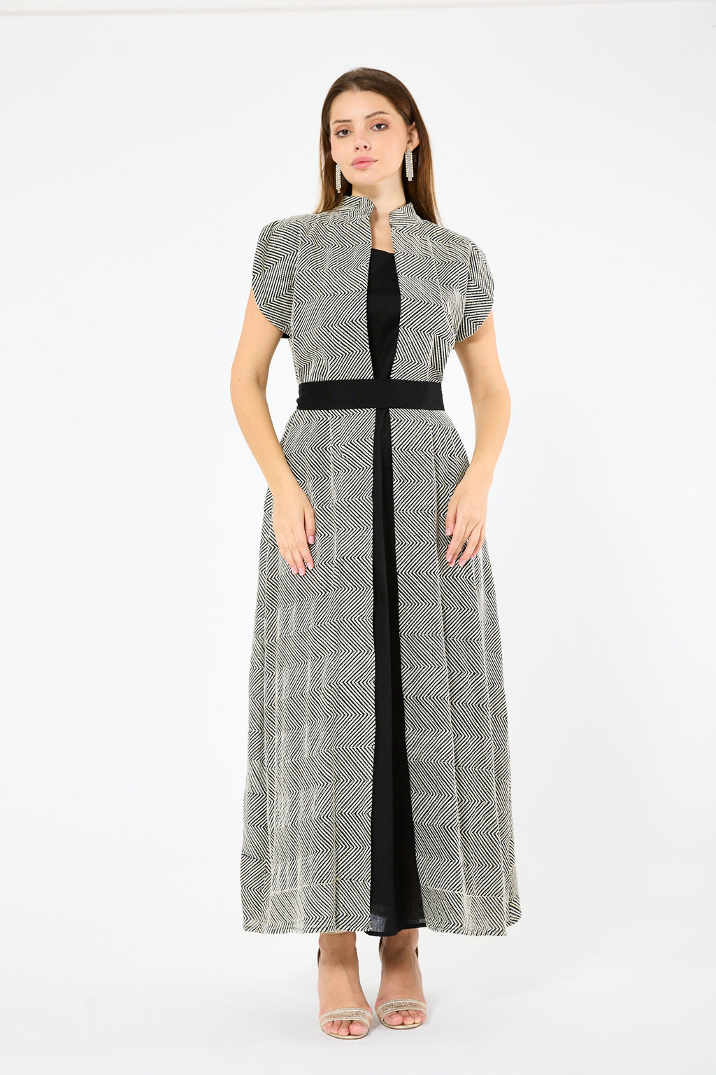 Herringbone Pattern Open-Front Bisht & Dress Set