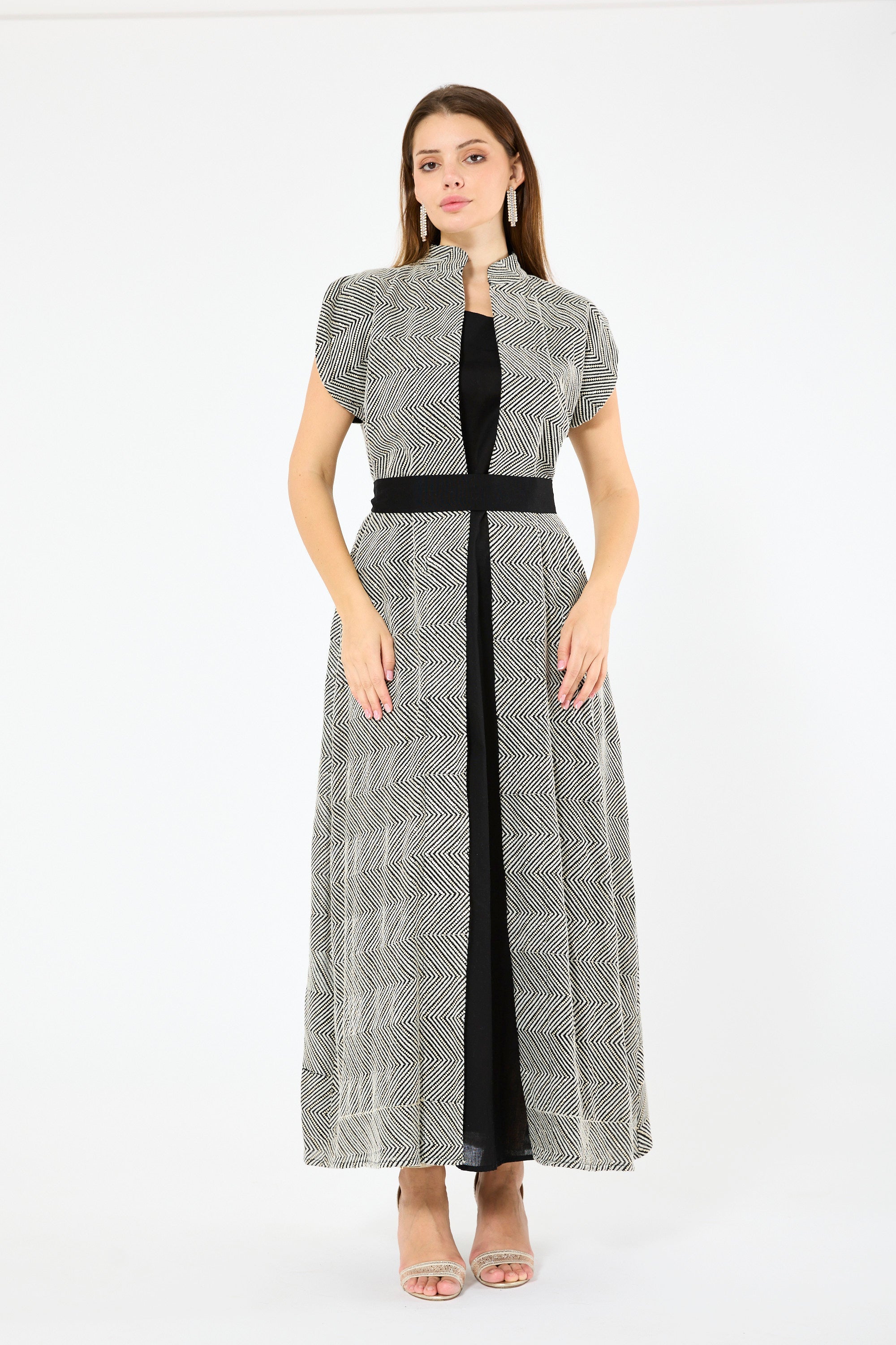 Herringbone Pattern Open-Front Bisht & Dress Set