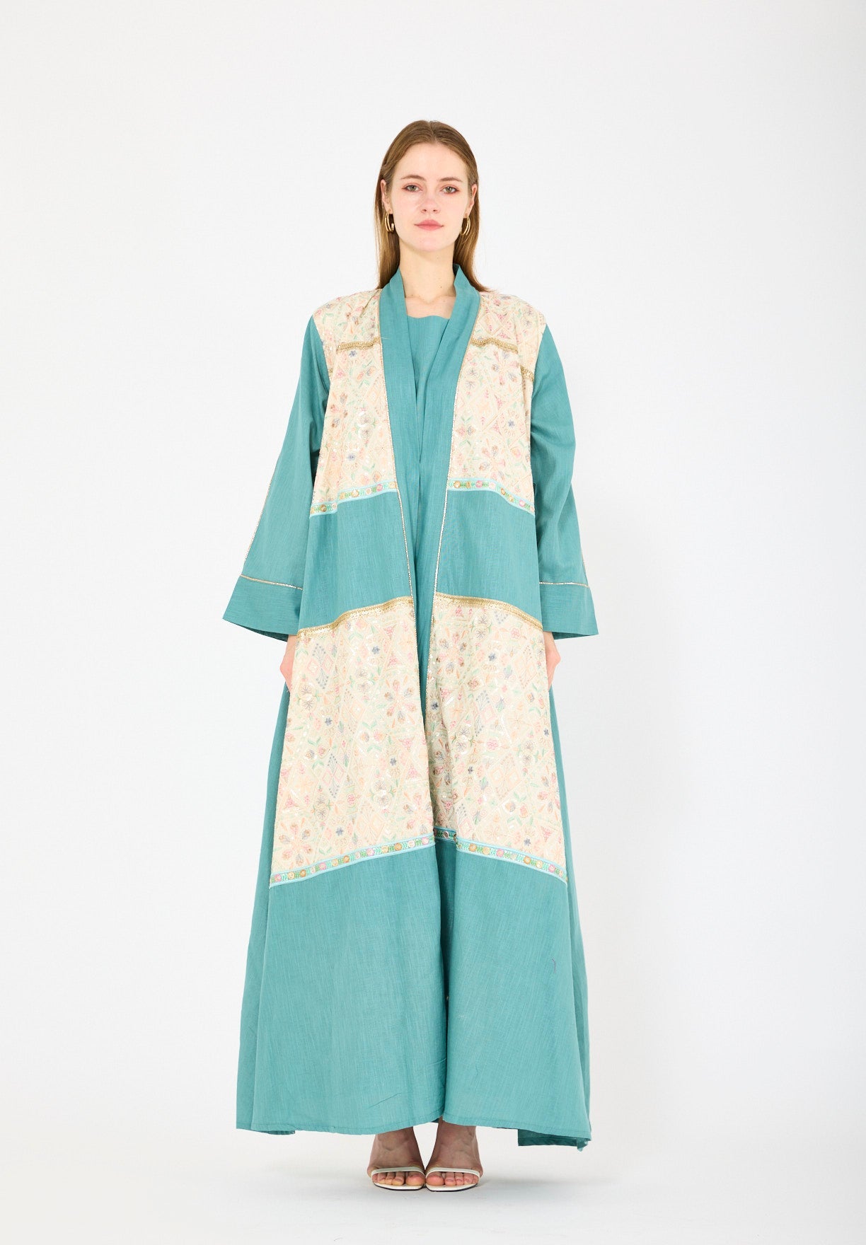 Embroidered Linen Bisht & Dress Set