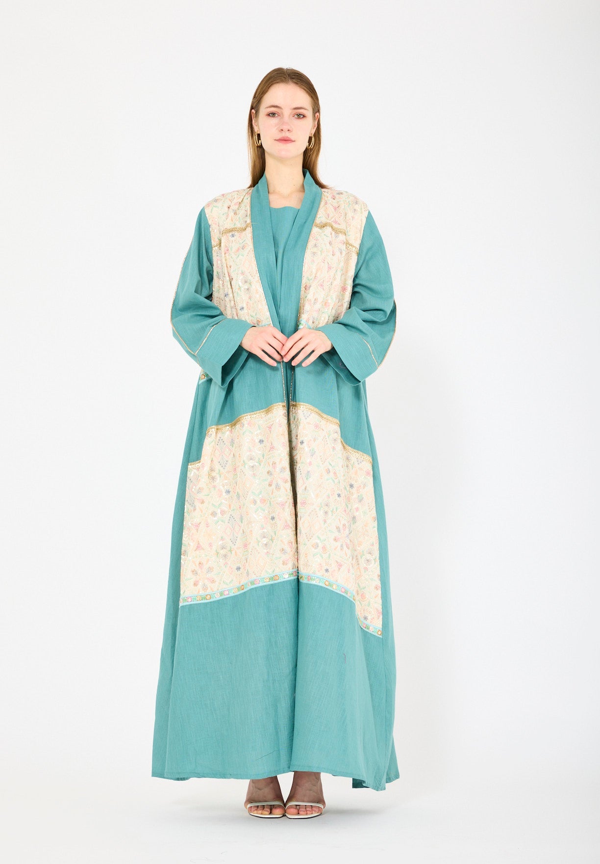 Embroidered Linen Bisht & Dress Set