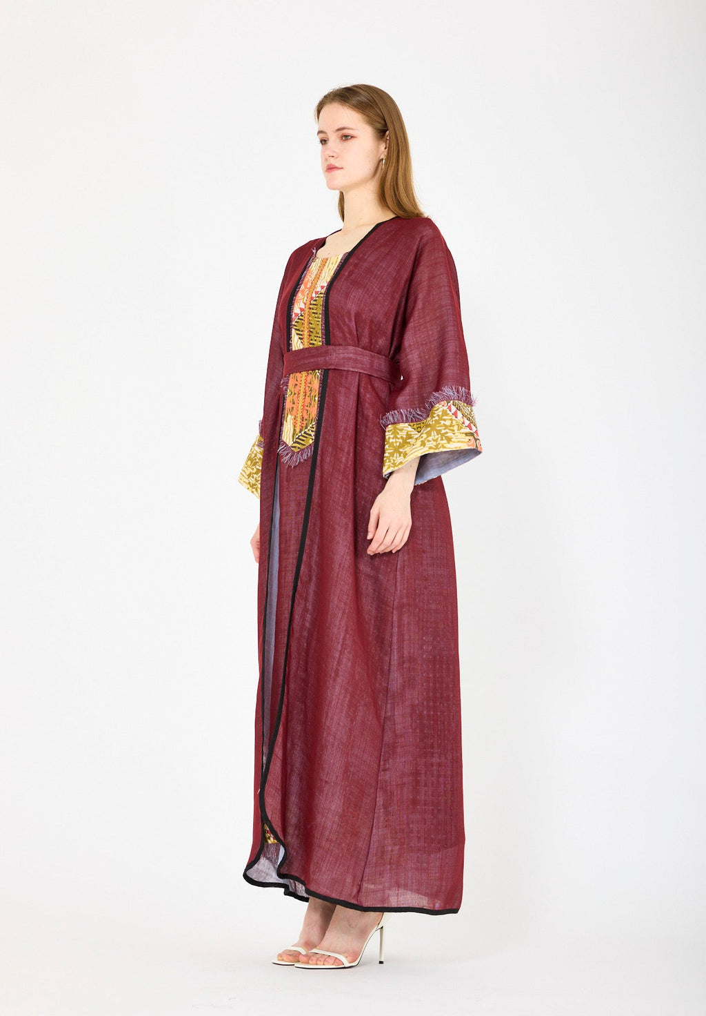 Contrast Fringe Embroidery Bisht & Dress Set