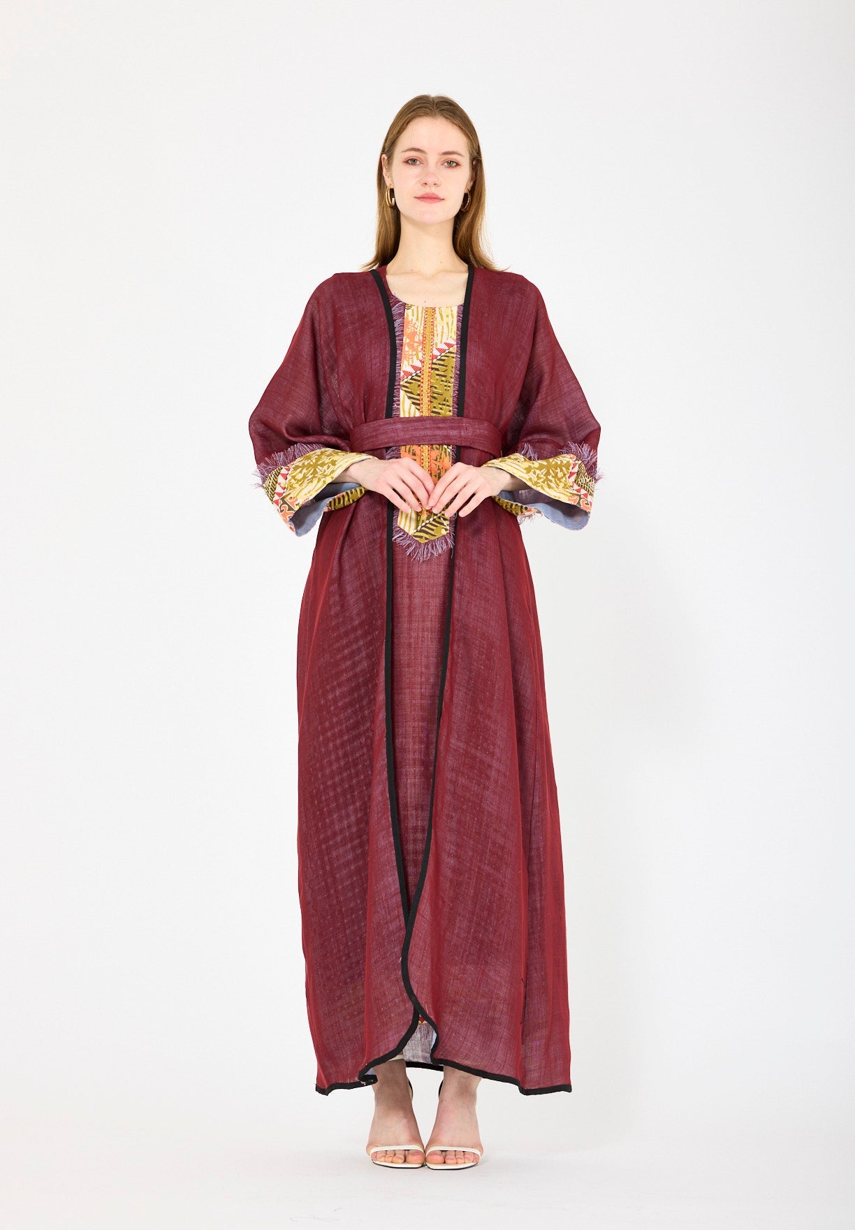 Contrast Fringe Embroidery Bisht & Dress Set