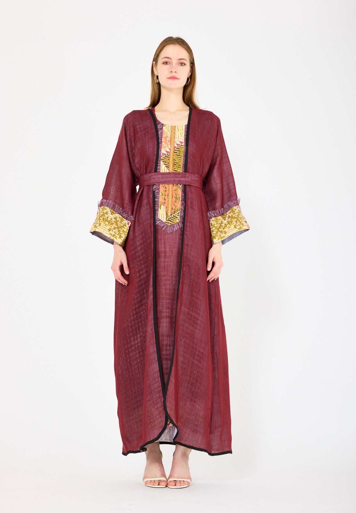 Contrast Fringe Embroidery Bisht & Dress Set