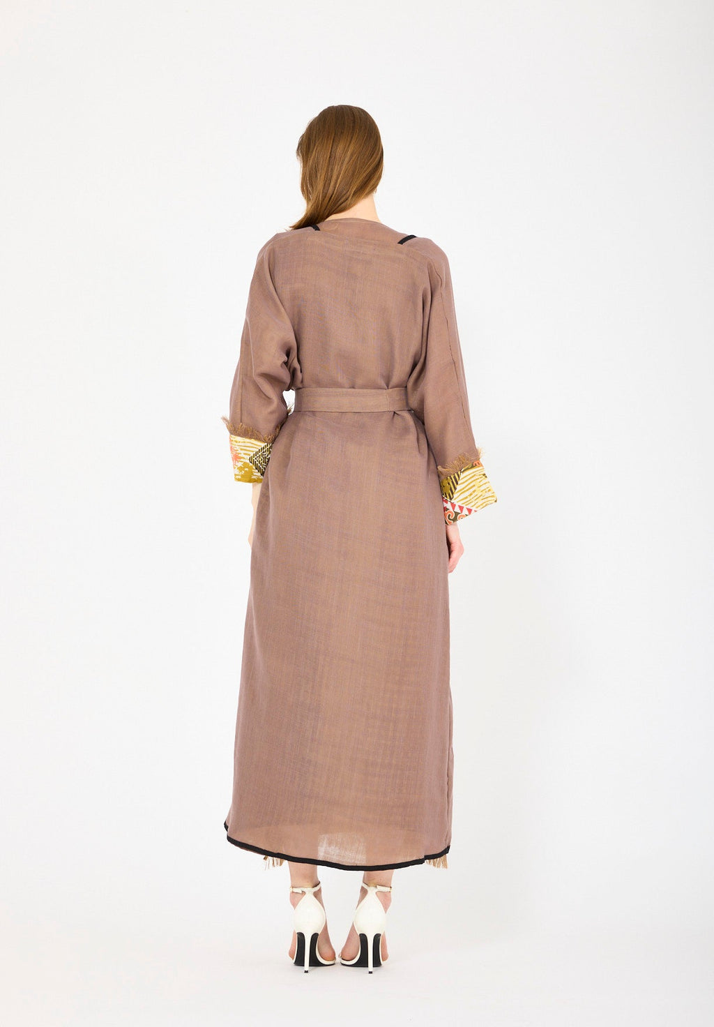 Contrast Fringe Embroidery Bisht & Dress Set