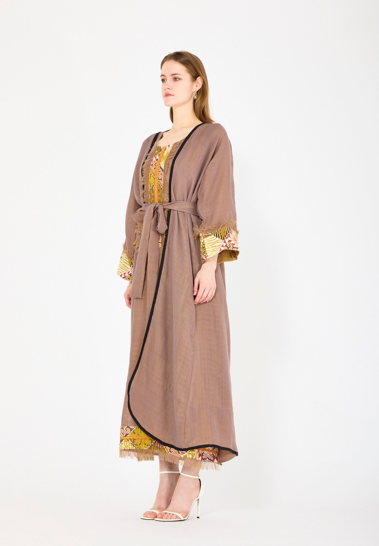 Contrast Fringe Embroidery Bisht & Dress Set