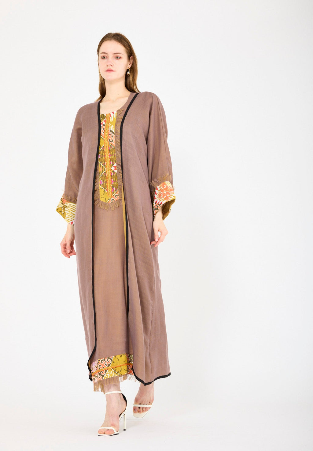 Contrast Fringe Embroidery Bisht & Dress Set