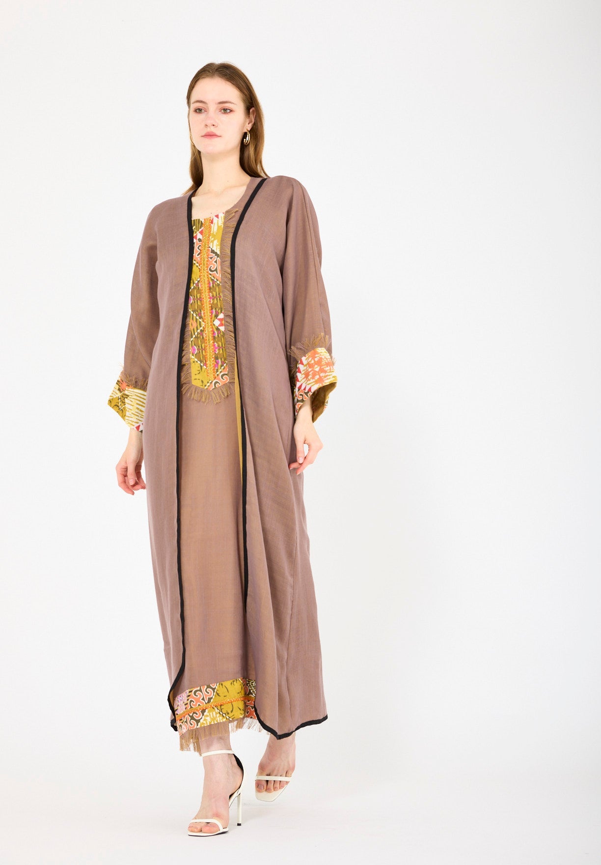 Contrast Fringe Embroidery Bisht & Dress Set