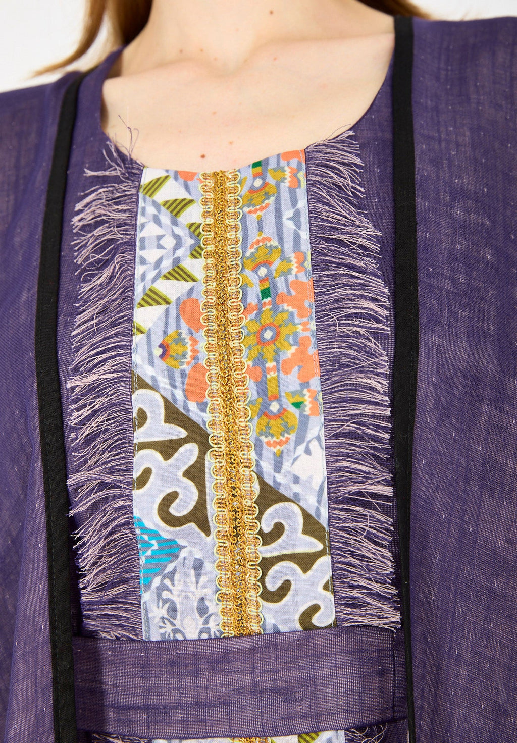 Contrast Fringe Embroidery Bisht & Dress Set