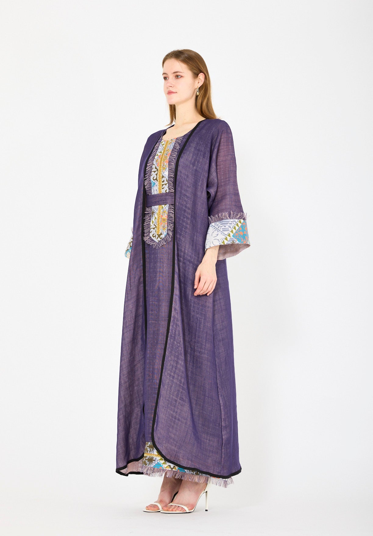 Contrast Fringe Embroidery Bisht & Dress Set